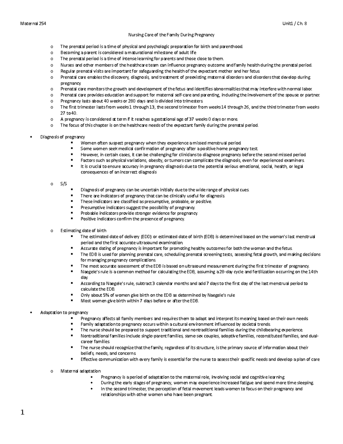 Maternal 254 ch 8 - Maternal 254 Unit1 / Ch. 8 Nursing Care of the ...
