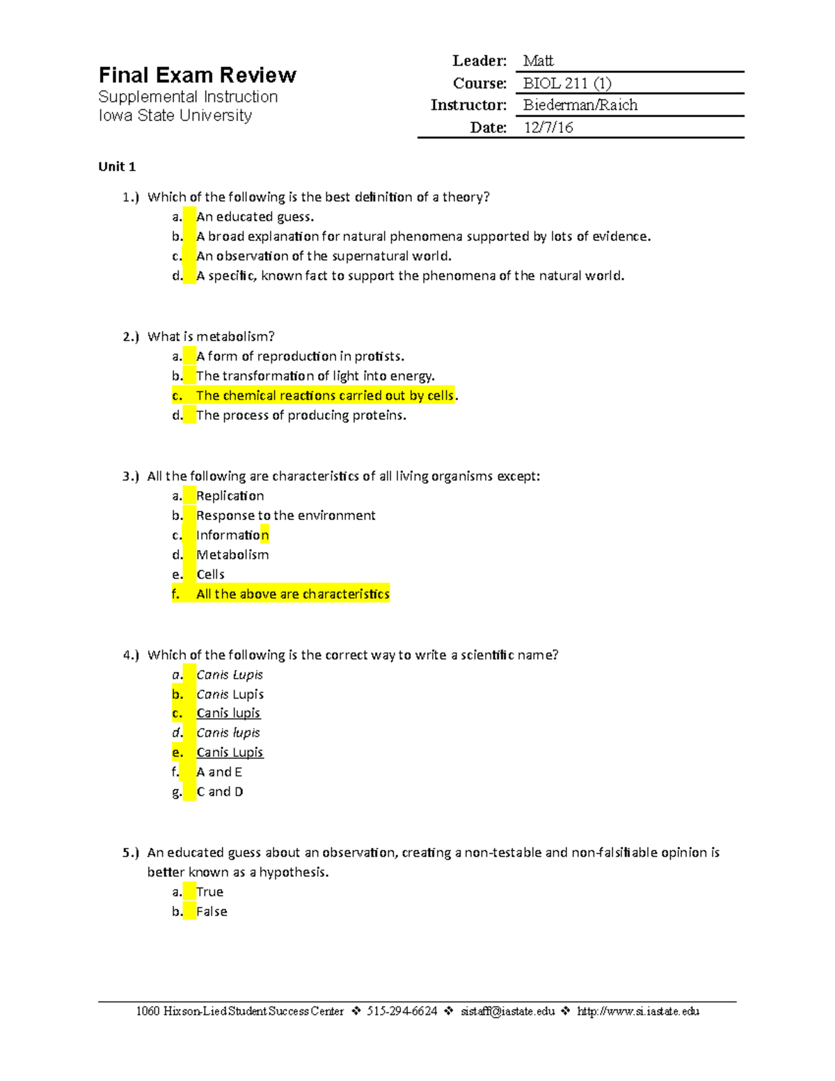 Final Exam Review - Summary Prin Of Biology I - Final Exam Review ...