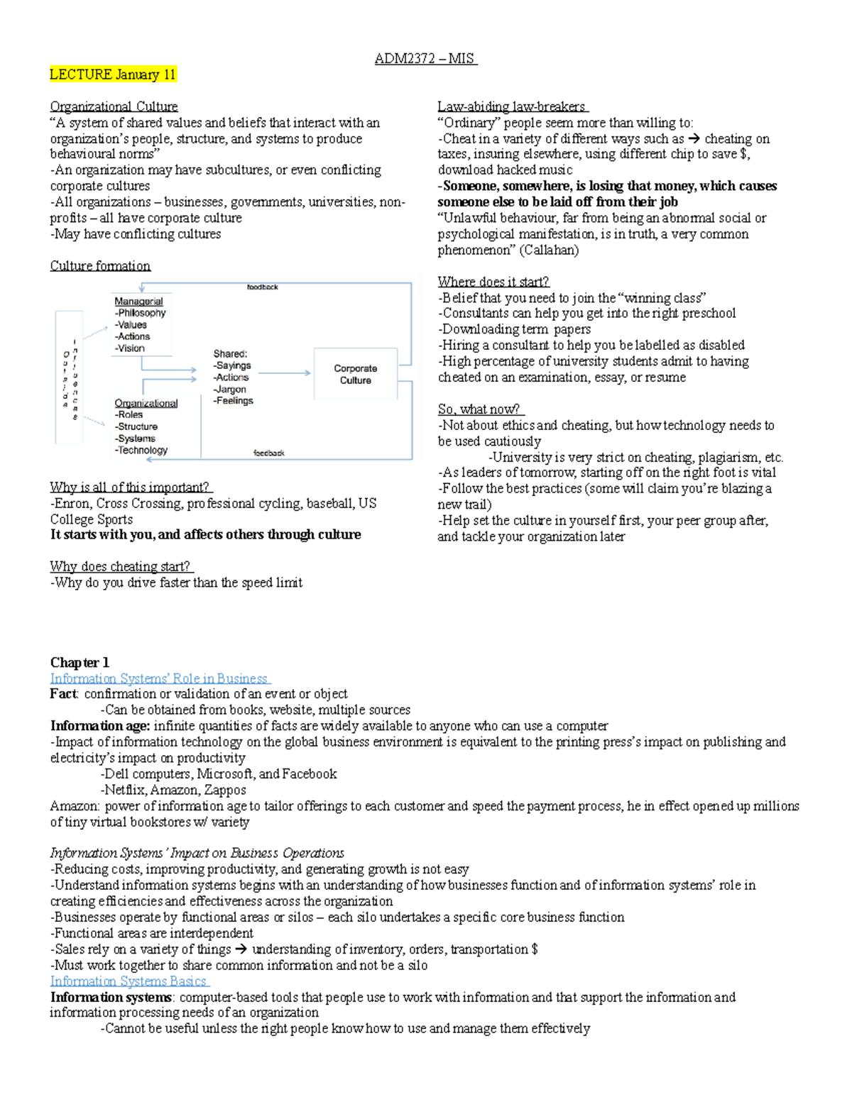 ADM2372 (MIS Notes) - ADM2372 – MIS LECTURE January 11 Organizational ...