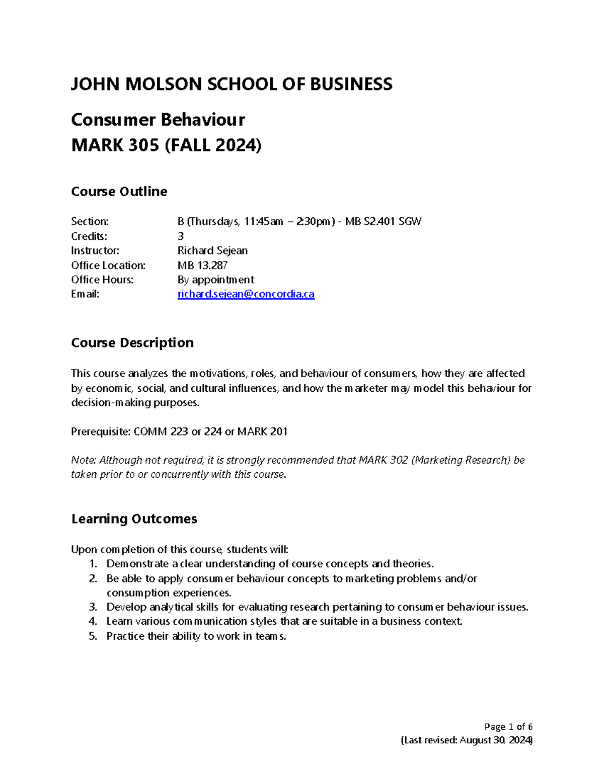 MARK 305 (Course Outline) - Page 1 of 6 JOHN MOLSON SCHOOL OF BUSINESS ...