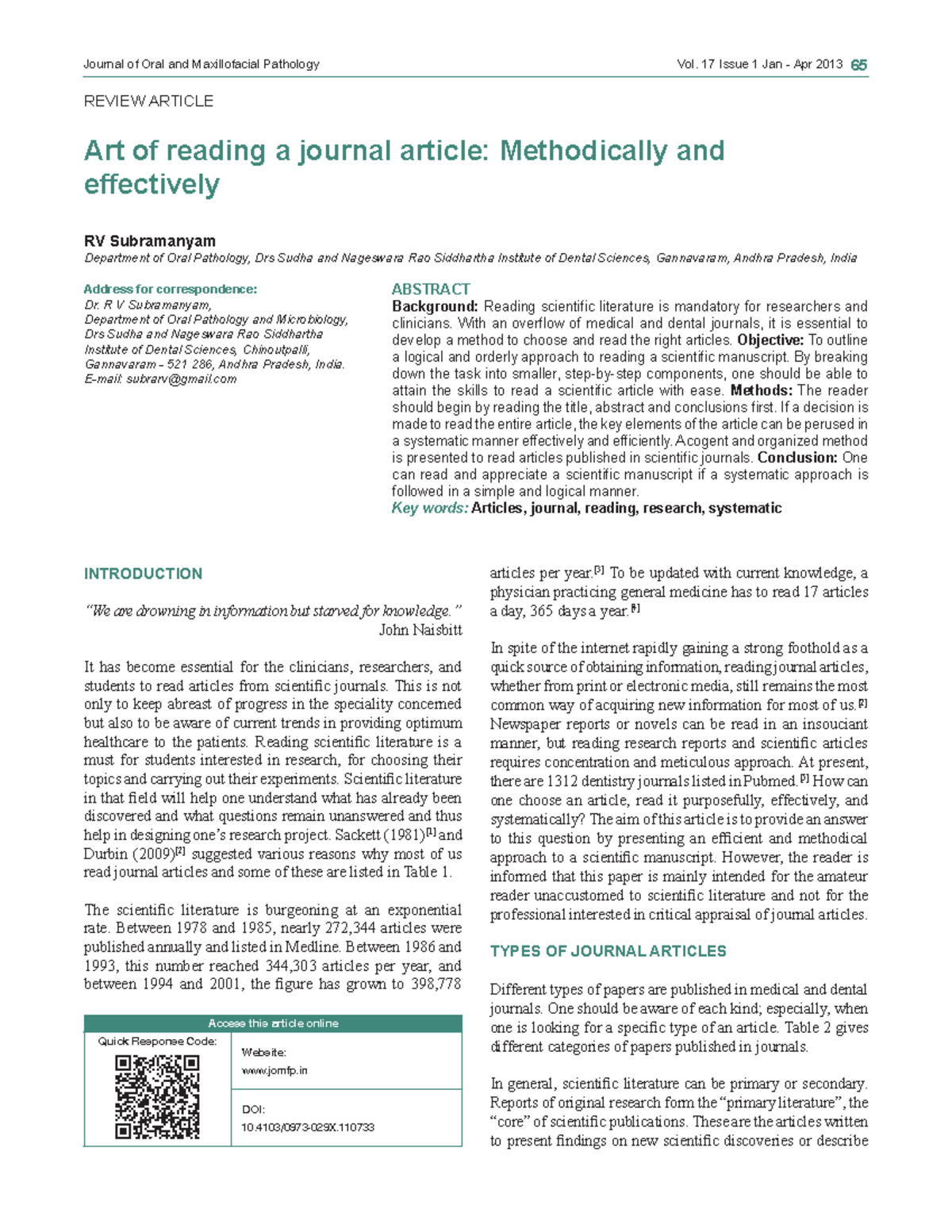 Art of reading a journal article Methodically and effectively - Journal ...