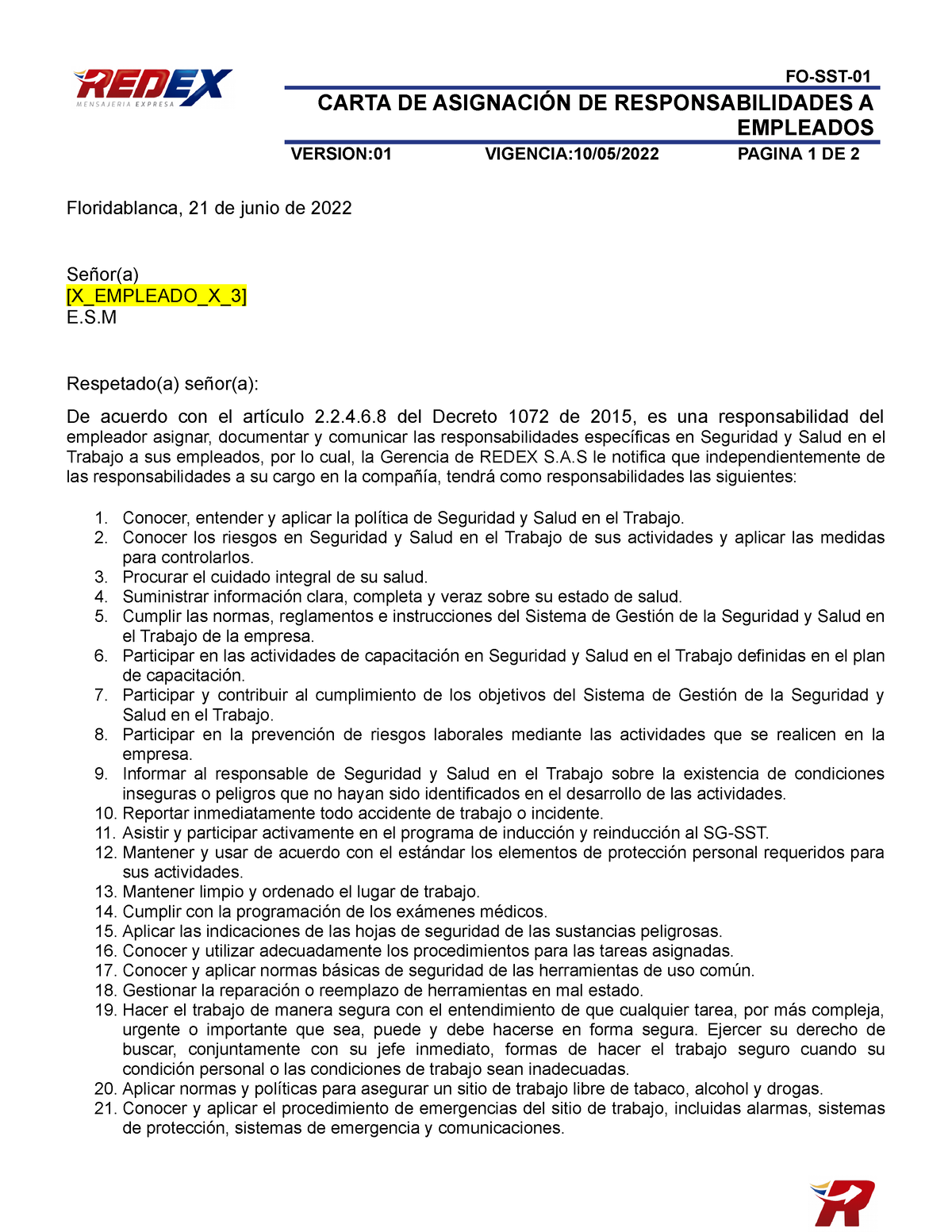 Fo Sst 01 Carta De Asignación De Responsabilidades A Empleados Fo Sst