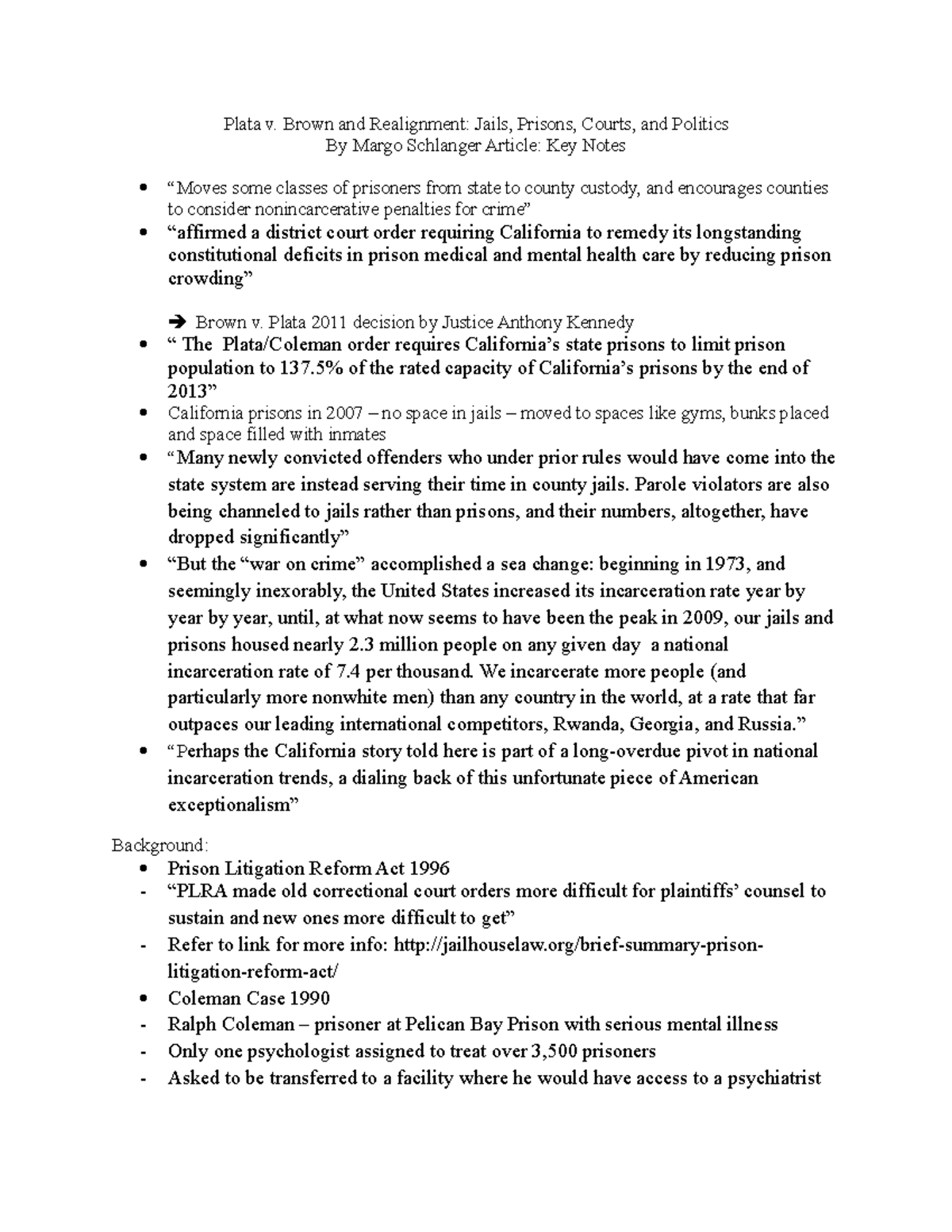 Assigned Reading Schlanger Paper Notes Plata v. Brown and