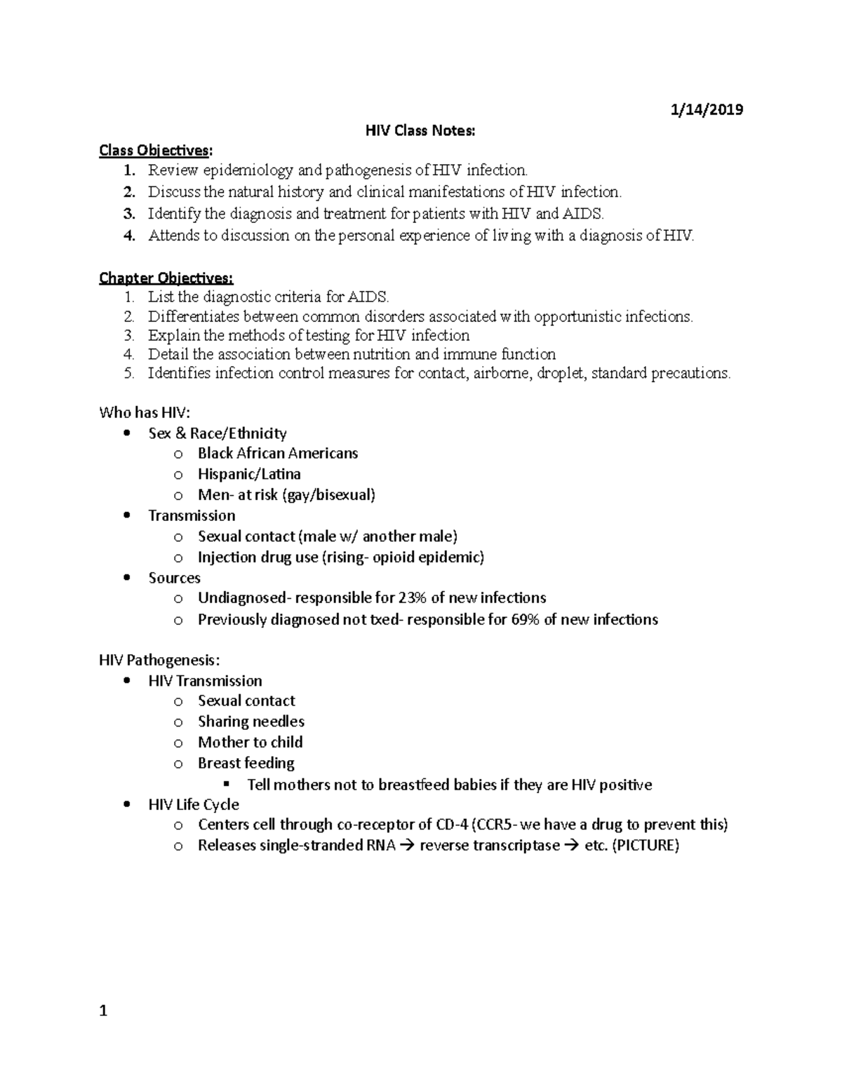 HIV Lecture Notes - 1/14/ HIV Class Notes: Class Objectives: Review ...