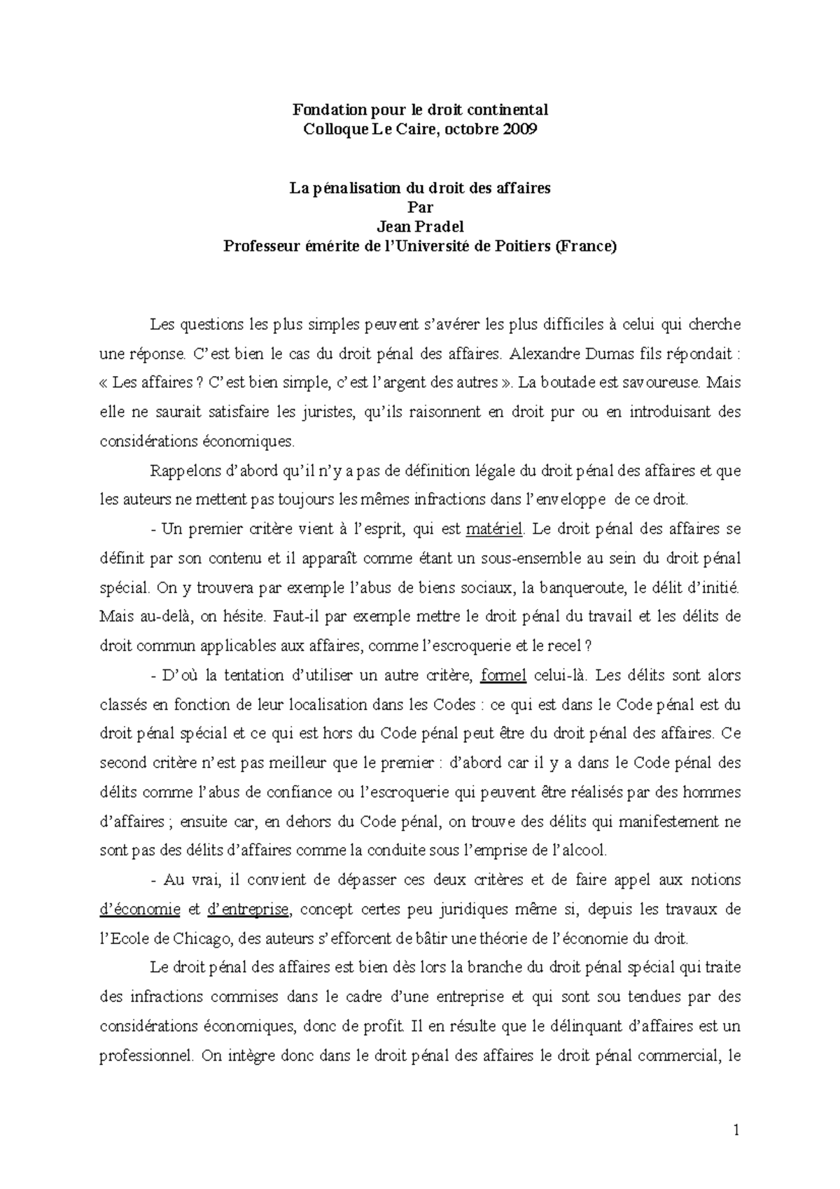 Penalisation des droits des affaires - jean pradel - Fondation pour le ...