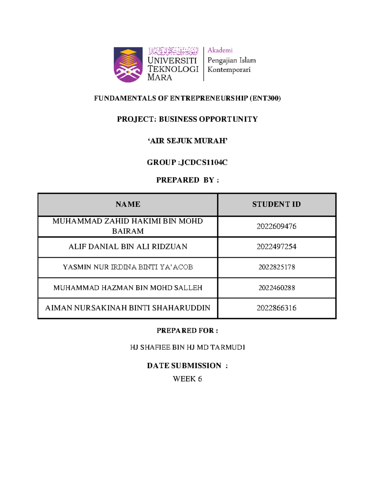 Business Opportunity Report - FUNDAMENTALS OF ENTREPRENEURSHIP (ENT300 ...