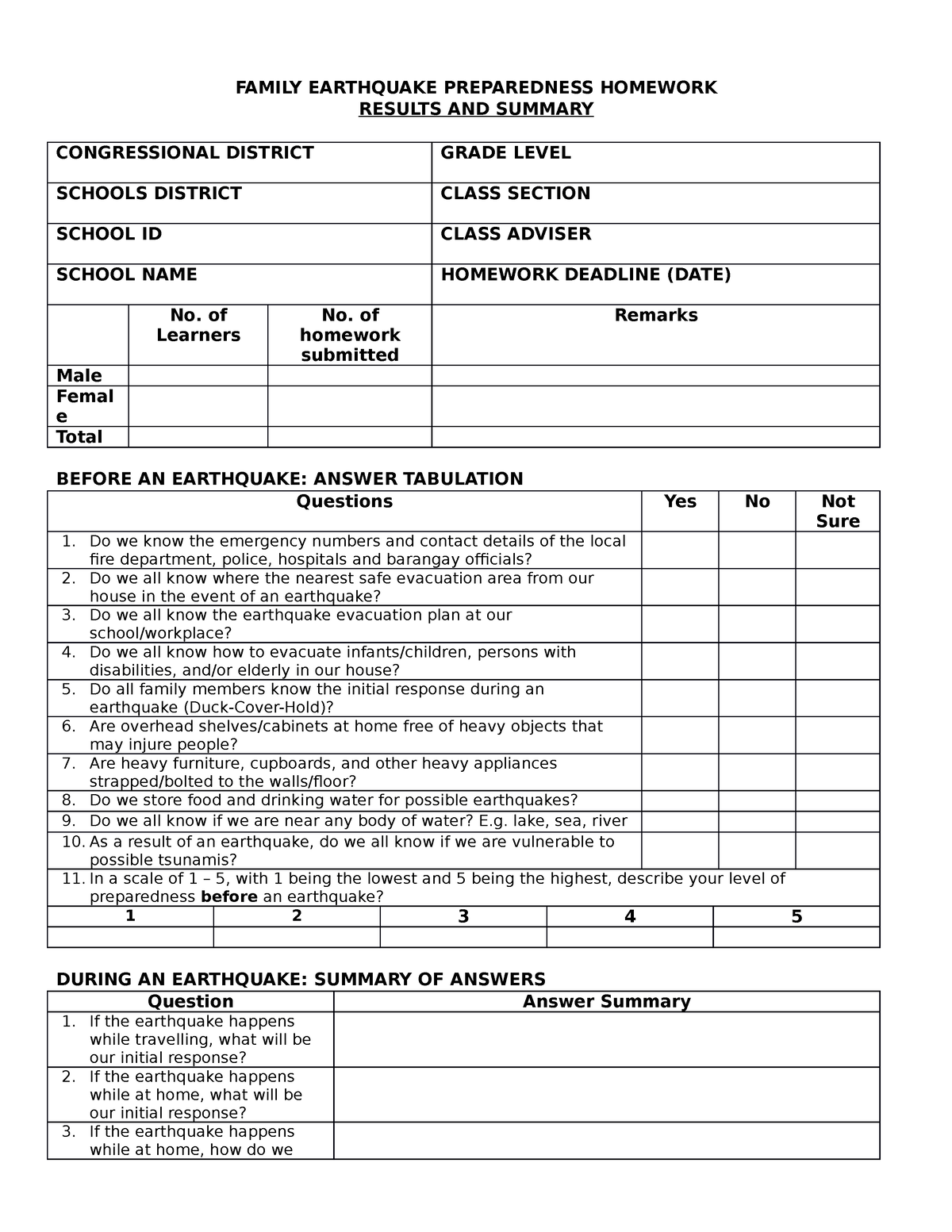 family earthquake preparedness homework questionnaire