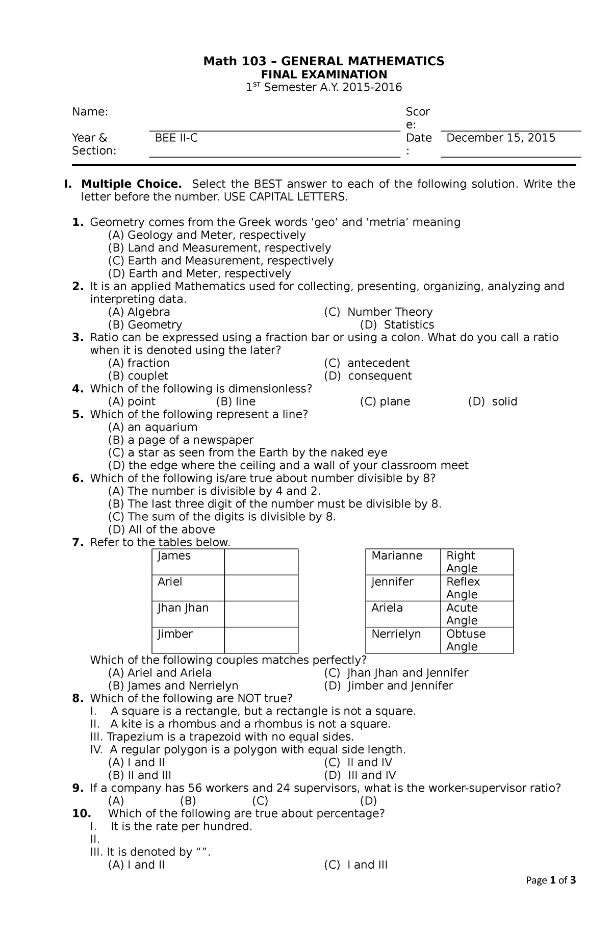 Math103 finals - Examination - Math 103 – GENERAL MATHEMATICS FINAL ...