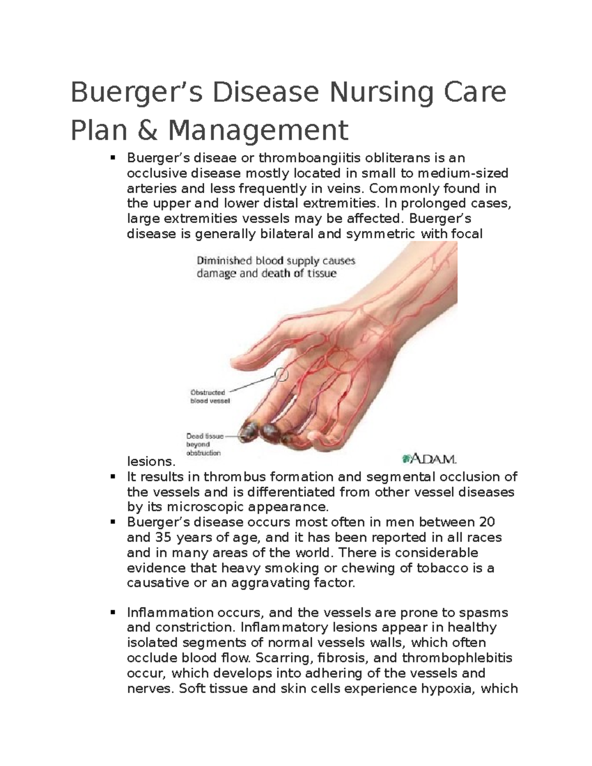 Buerger carmines Buerger’s Disease Nursing Care Plan & Management Buerger’s diseae or Studocu