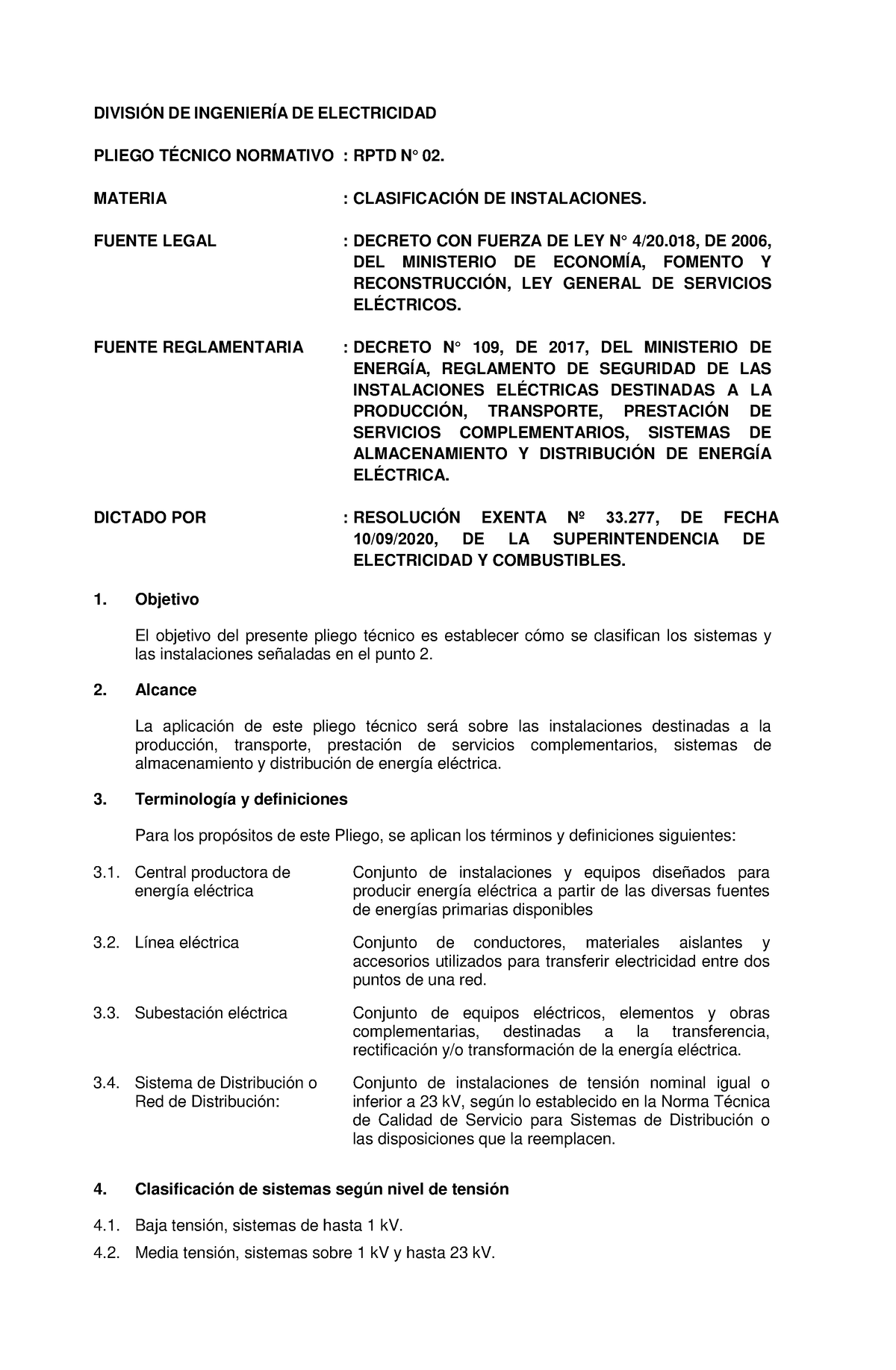 Pliego Técnico Normativo RPTD N°02 Clasificación De Instalaciones ...