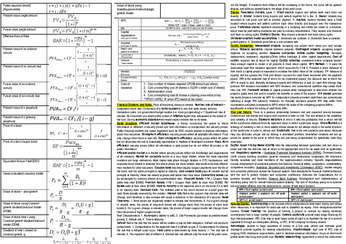 ACST Cheat sheet - Fisher equation (exact) (Approximate) Present value ...