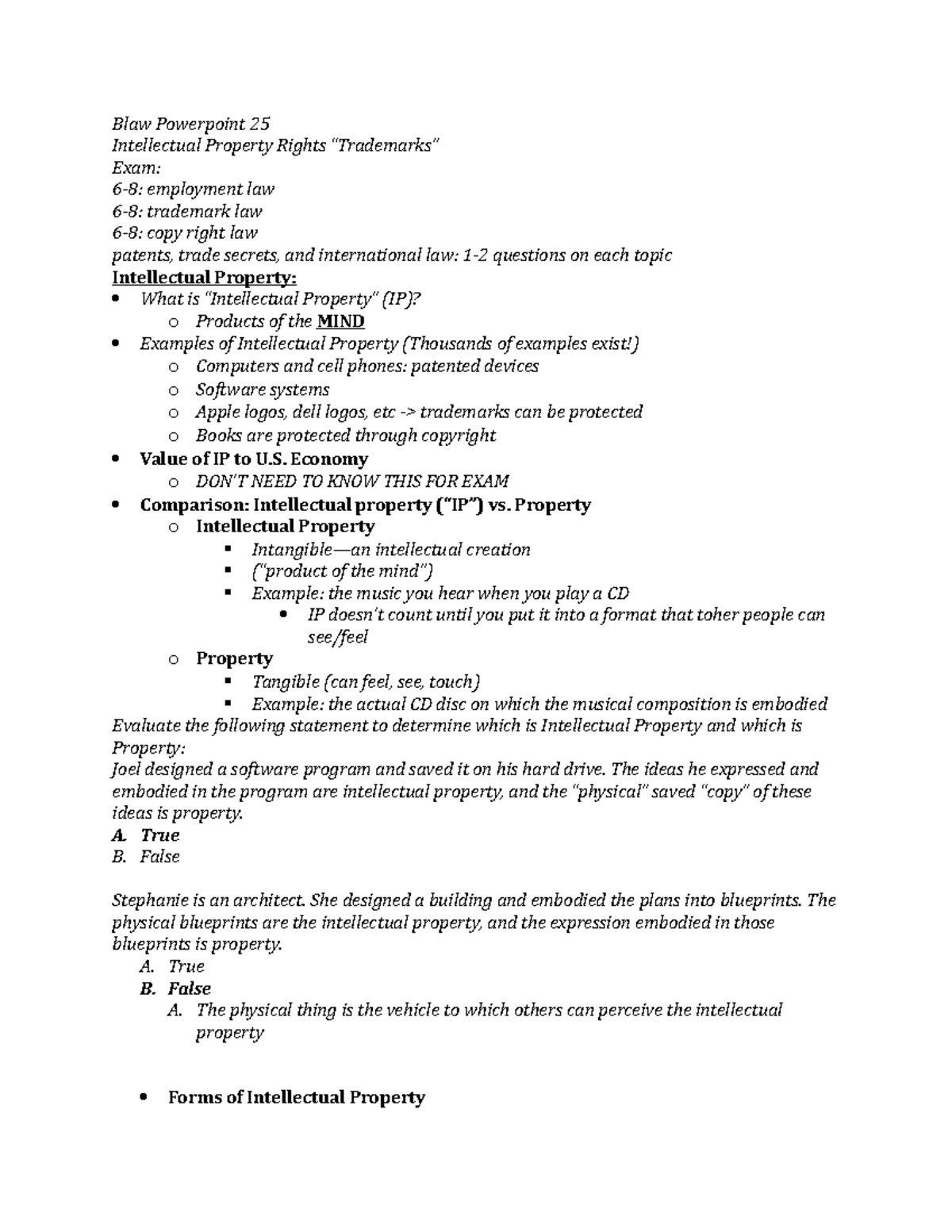 BLAW 341 Powerpoint 25 Notes Exam 3 - Blaw Powerpoint 25 Intellectual ...