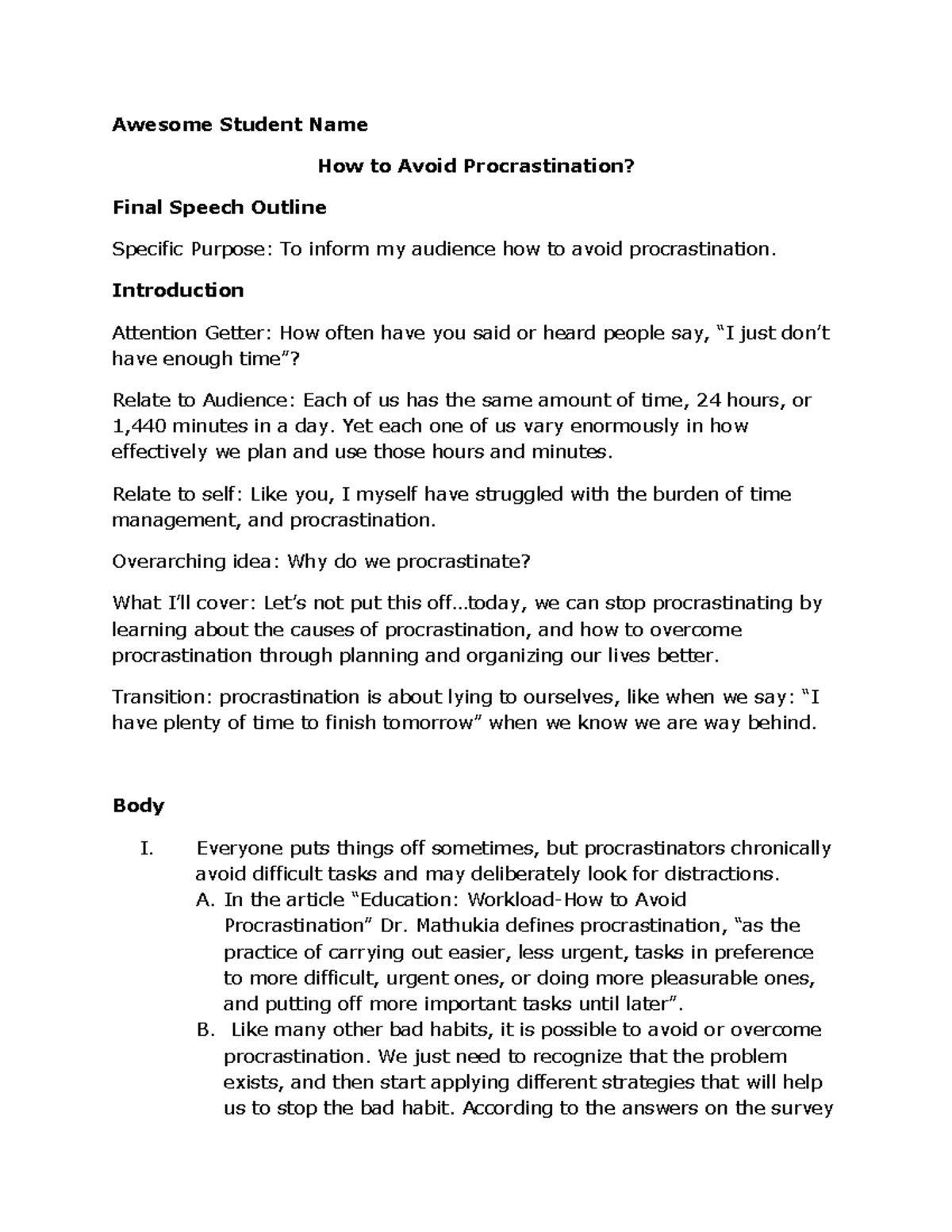 persuasive speech outline on procrastination