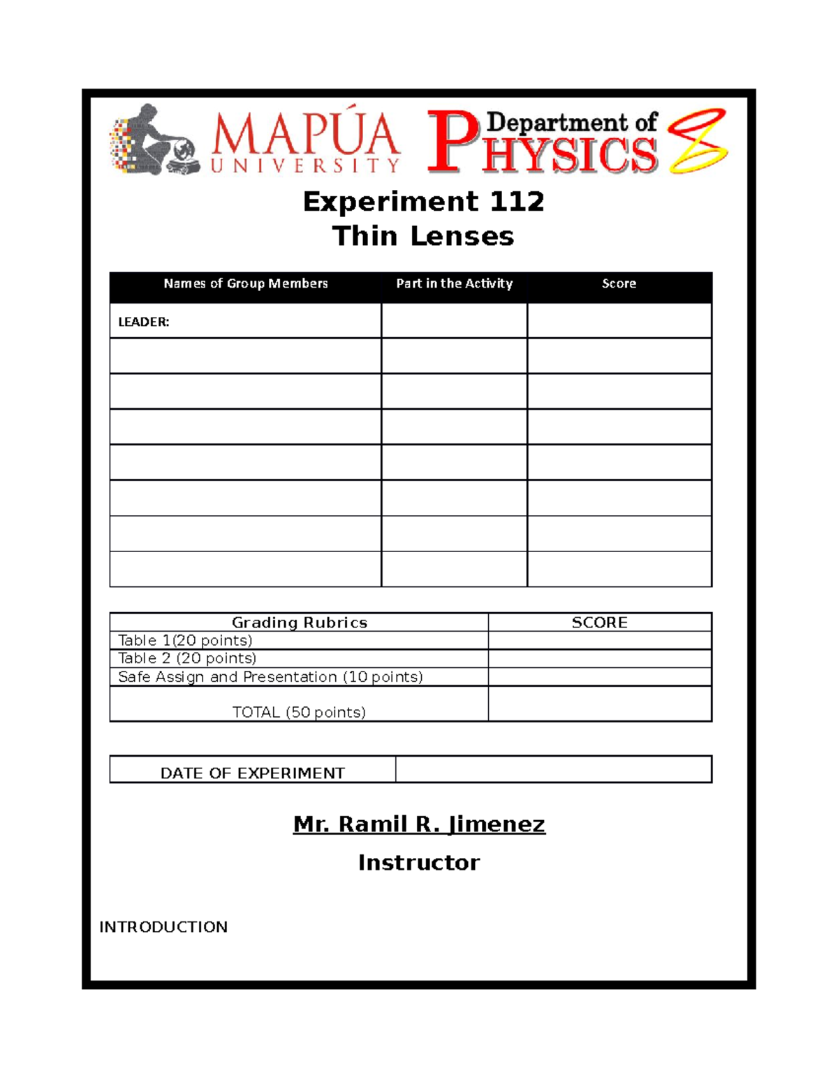 Experiment 112 Thin Lenses 3Q2122 GUIDE PHYSICS FOR ENGINEERING LABORATORY Mapúa Studocu