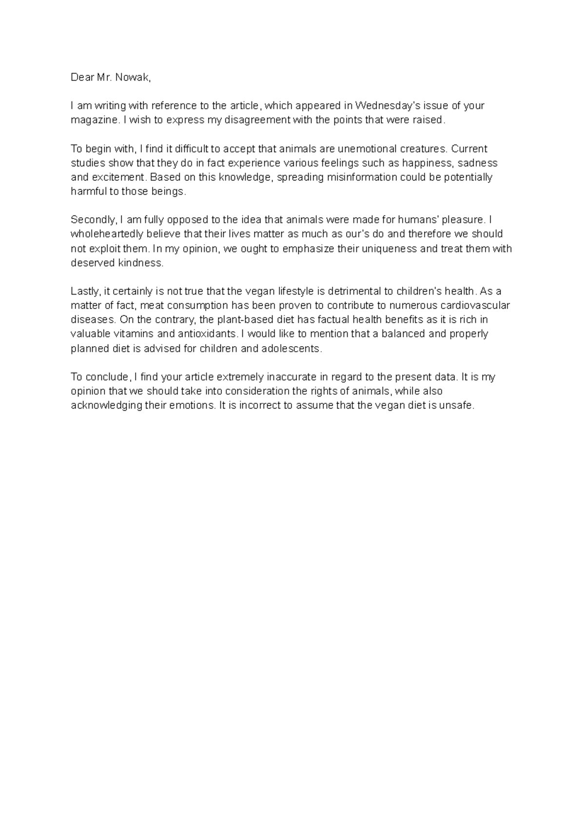 Letter to the Editor - Dear Mr. Nowak, I am writing with reference to ...