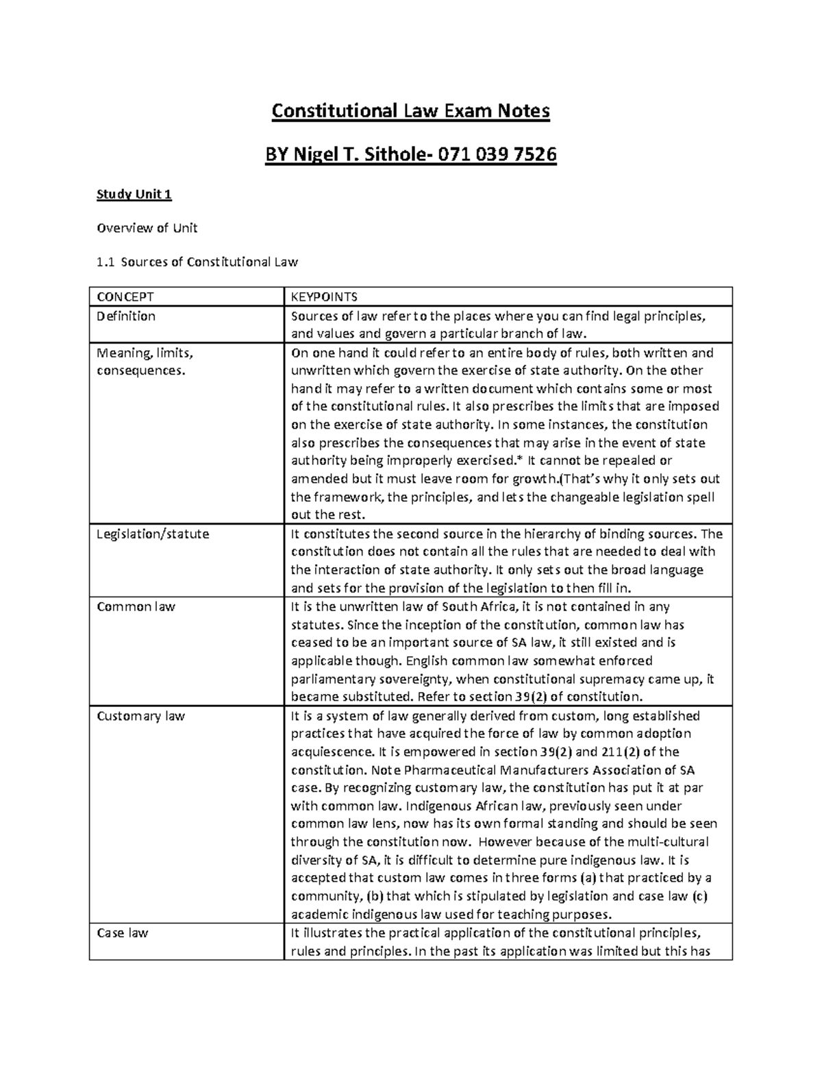 CSL2601-Notes-4 - Constitutional Law Exam Notes BY Nigel T. Sithole ...