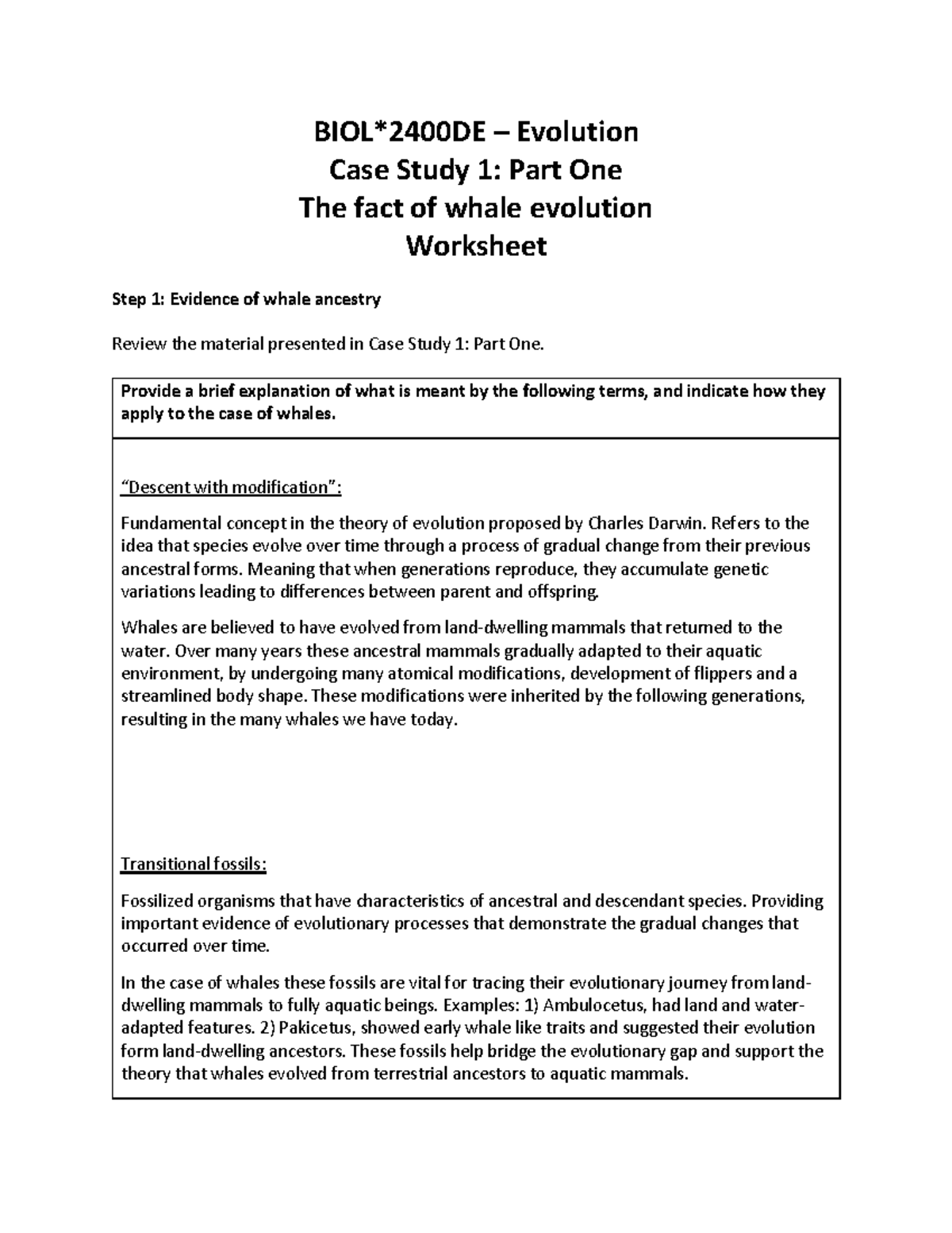 Case Study 1 Part One worksheet (1) BIOL*2400DE Evolution Case
