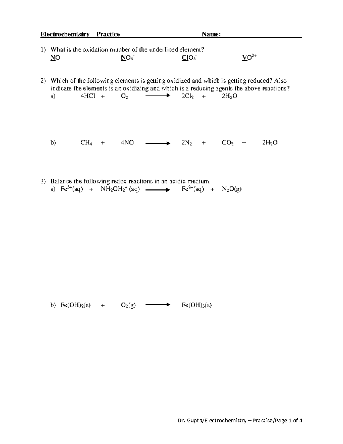 Worksheet 19-01electrochemistry - Electrochemistry – Practice Name