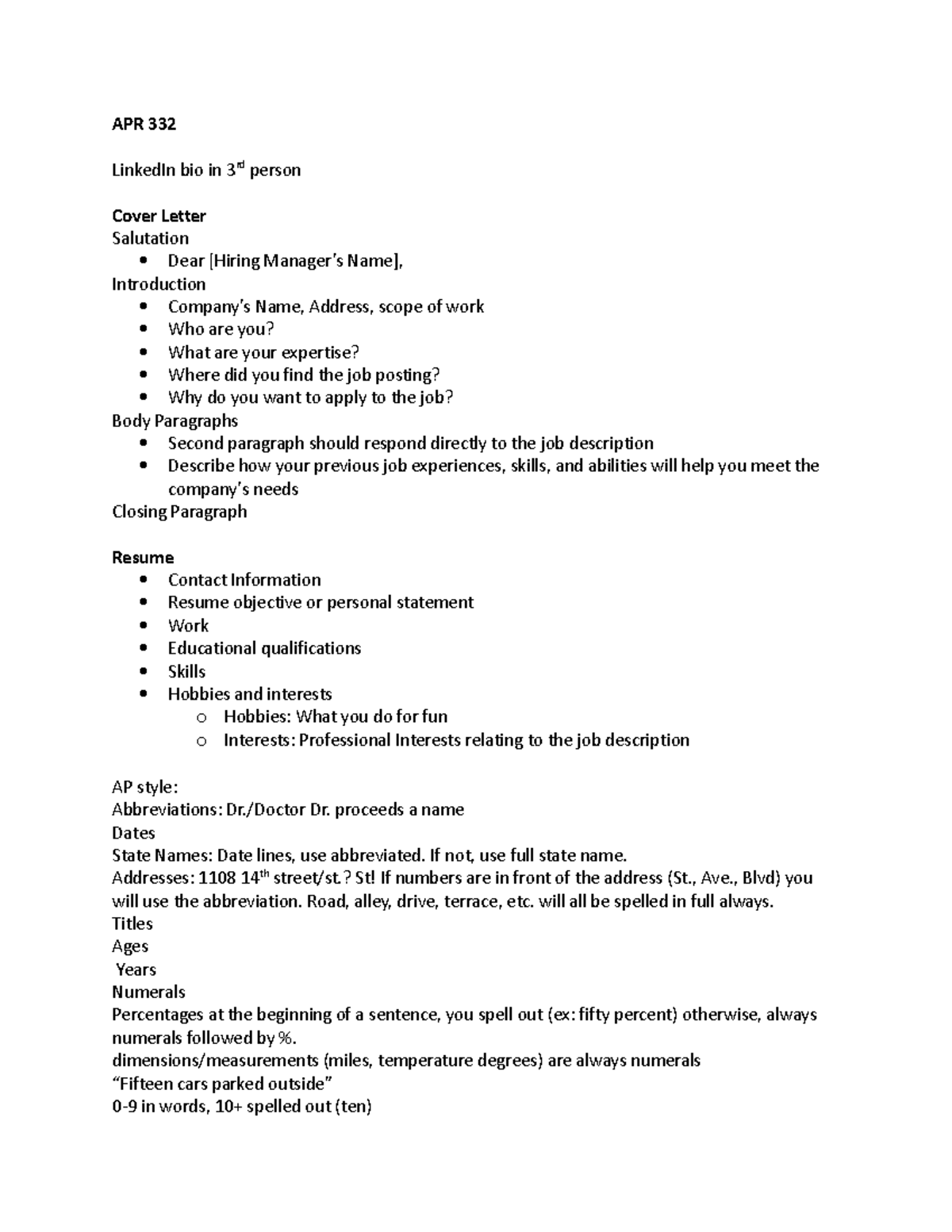 APR 332 - Full class notes - APR 332 LinkedIn bio in 3rd person Cover ...