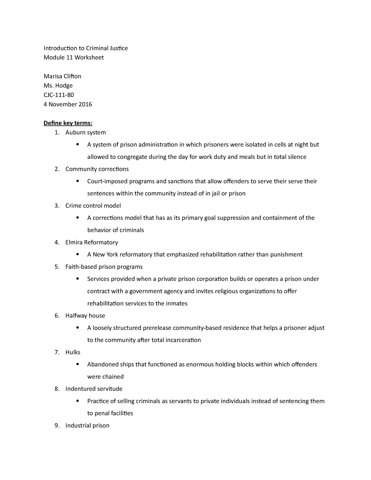 Chapter 11 worksheet - Introduction to Criminal Justice Module 11 ...