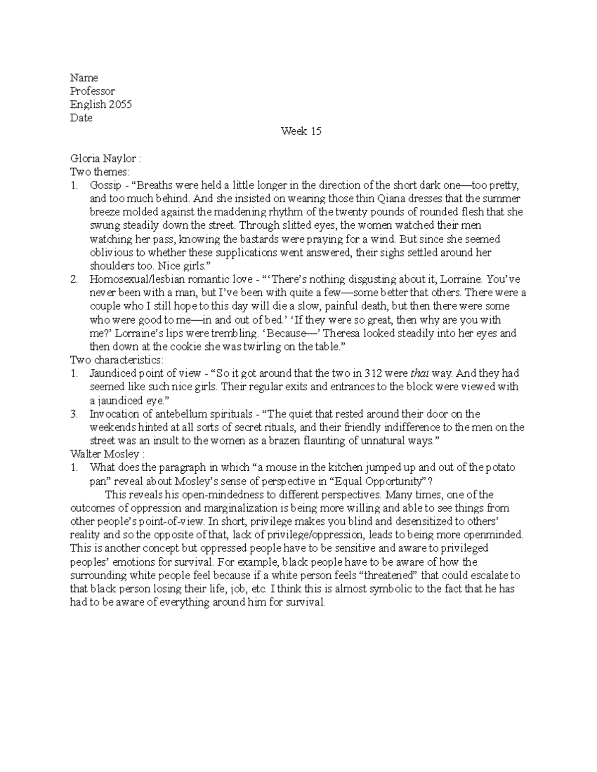 Week15 - Week 15 Gloria Naylor/Walter Mosley notes + works summarized ...
