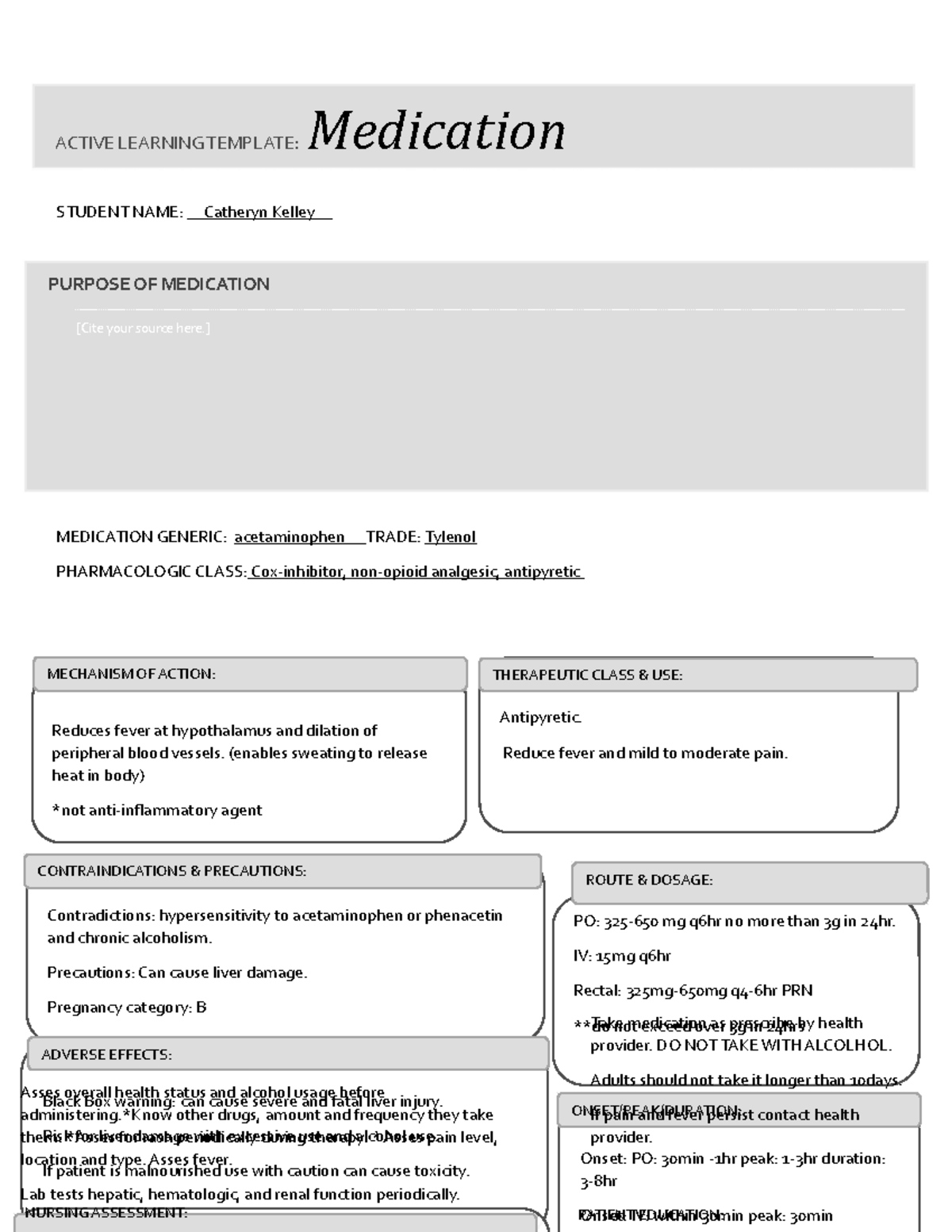 Acetaminophen Tylenol drug card NUR 2813 State College of Florida