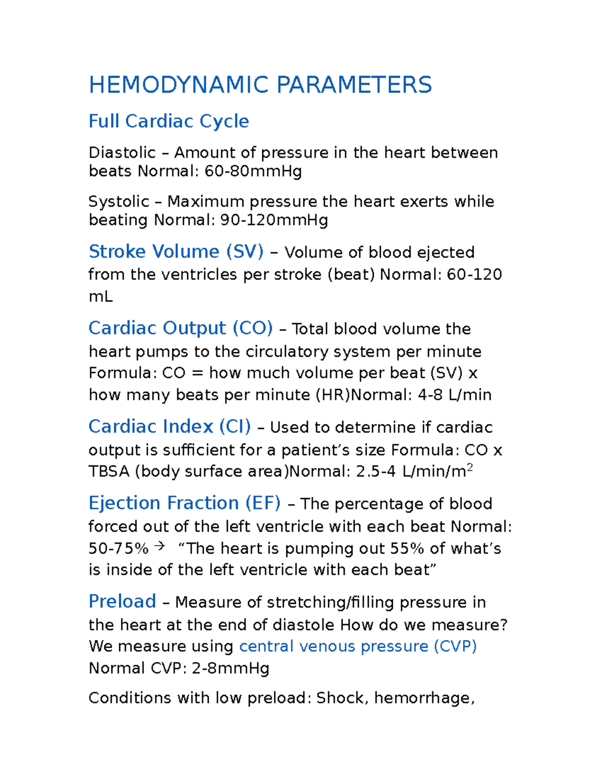 Hemodynamic Parameters Cheat Sheet - HEMODYNAMIC PARAMETERS Full ...