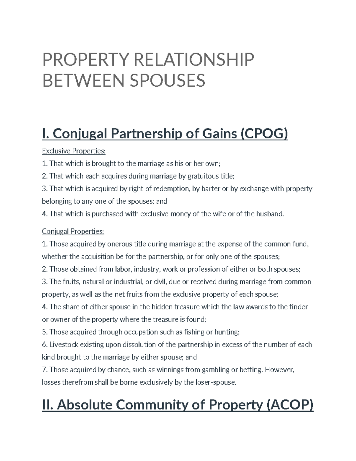 TAX sjncj PROPERTY RELATIONSHIP BETWEEN SPOUSES I. Conjugal
