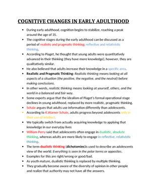 Cognitive Changes IN Early Adulthood COGNITIVE CHANGES IN EARLY