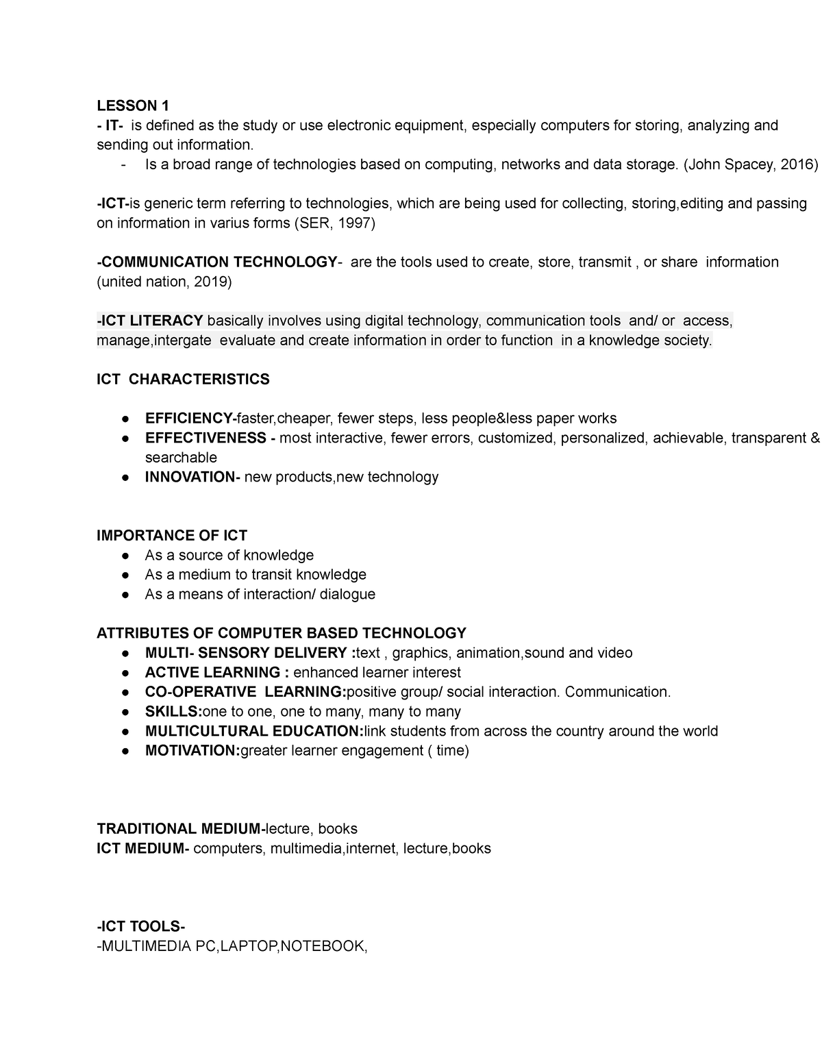 ICT Reviewer - Lecture Notes - LESSON 1 IT- is defined as the study or ...