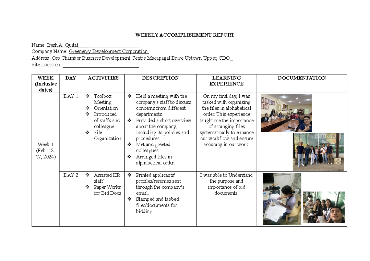 Weekly- Accomplishment- Report - WEEKLY ACCOMPLISHMENT REPORT Name ...