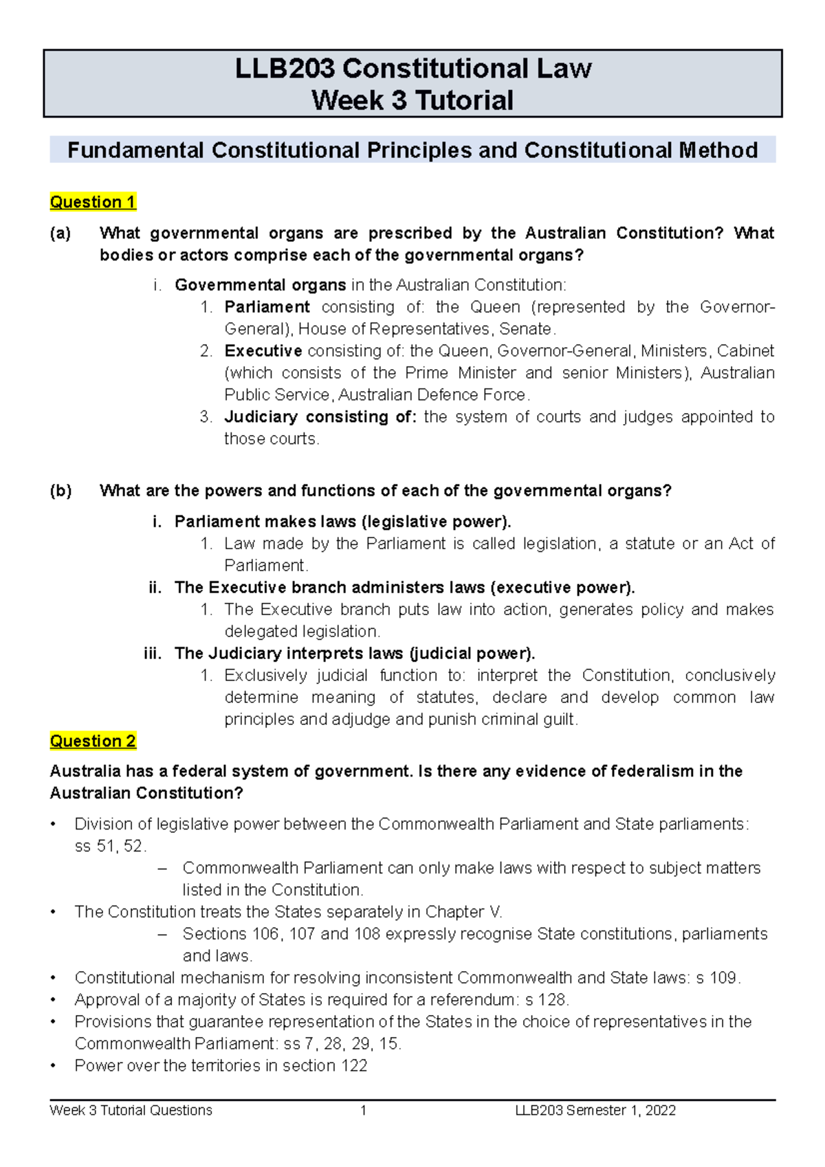 LLB203 Week 3 Tutorial 2 Fundamental Constitutional Principles - LLB203 ...