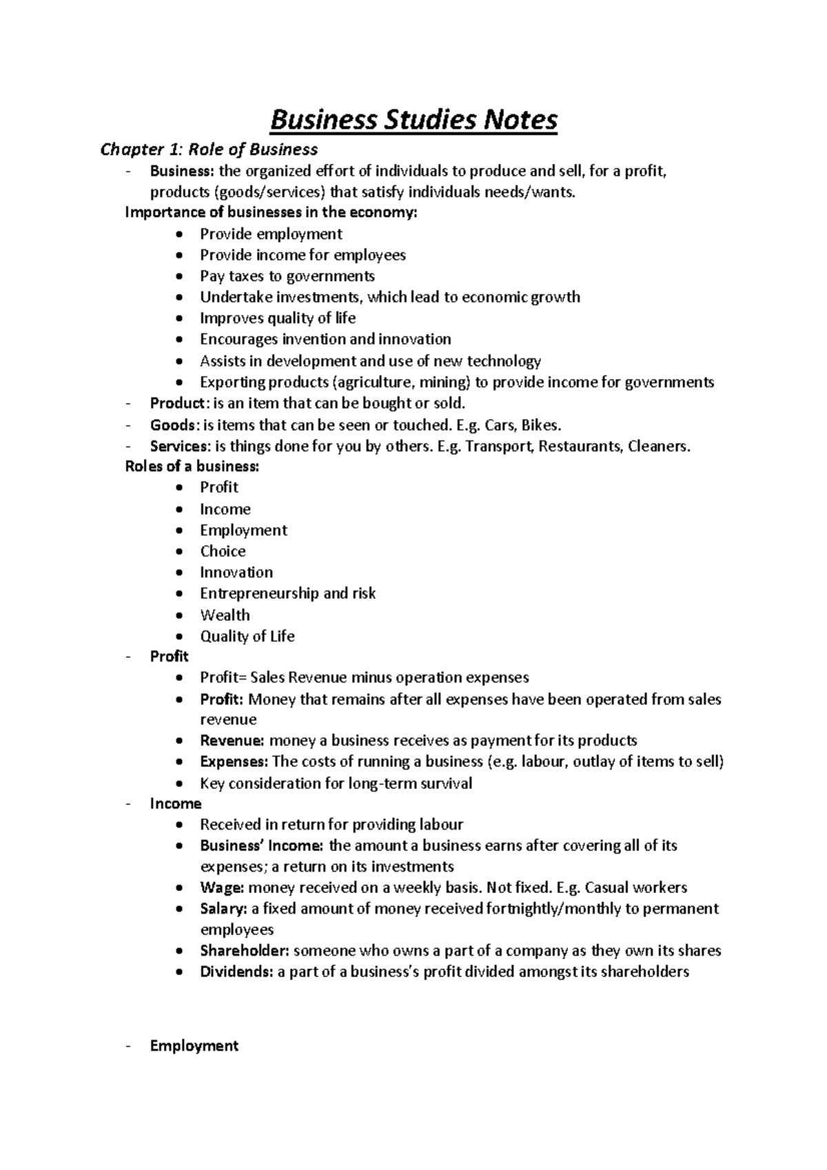 Business Studies Notes - Business Studies Notes Chapter 1: Role Of ...