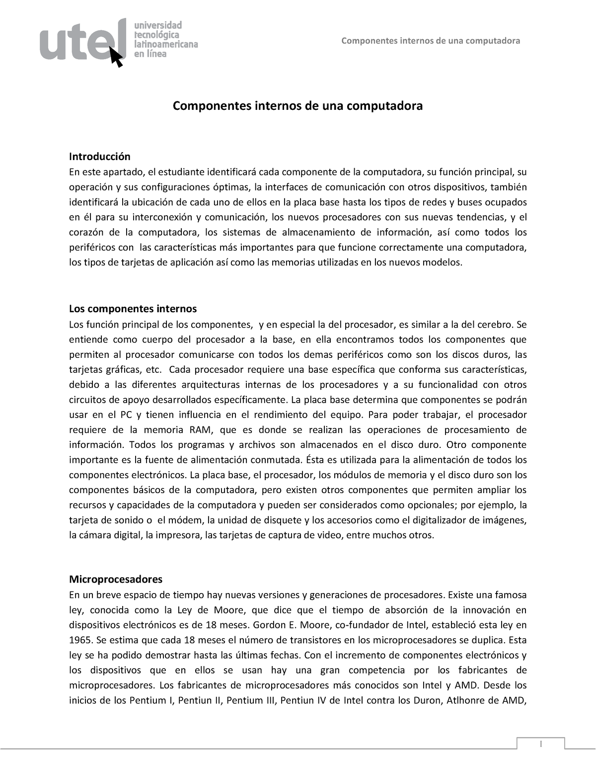 Lectura 2 Componentes Internos De Una Computadora I Componentes