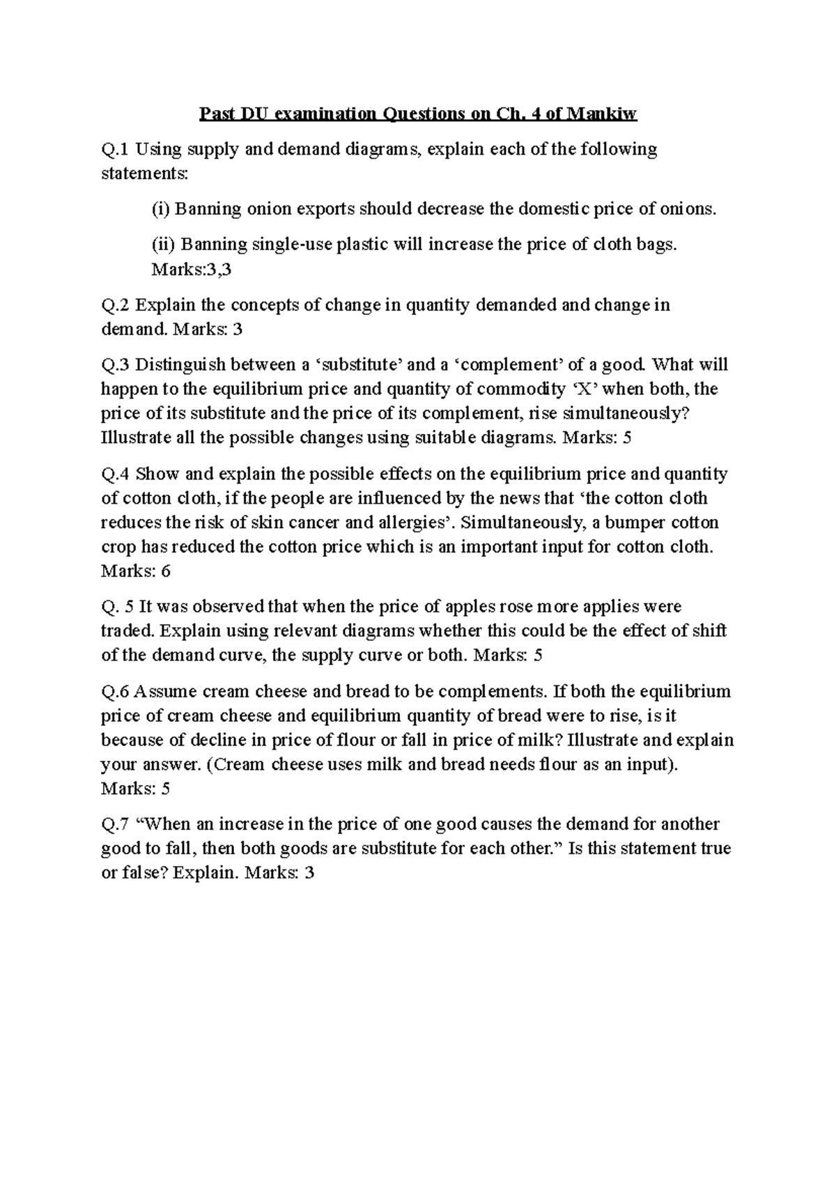 Past DU examination Questions on Ch - 4 of Mankiw Q Using supply and ...