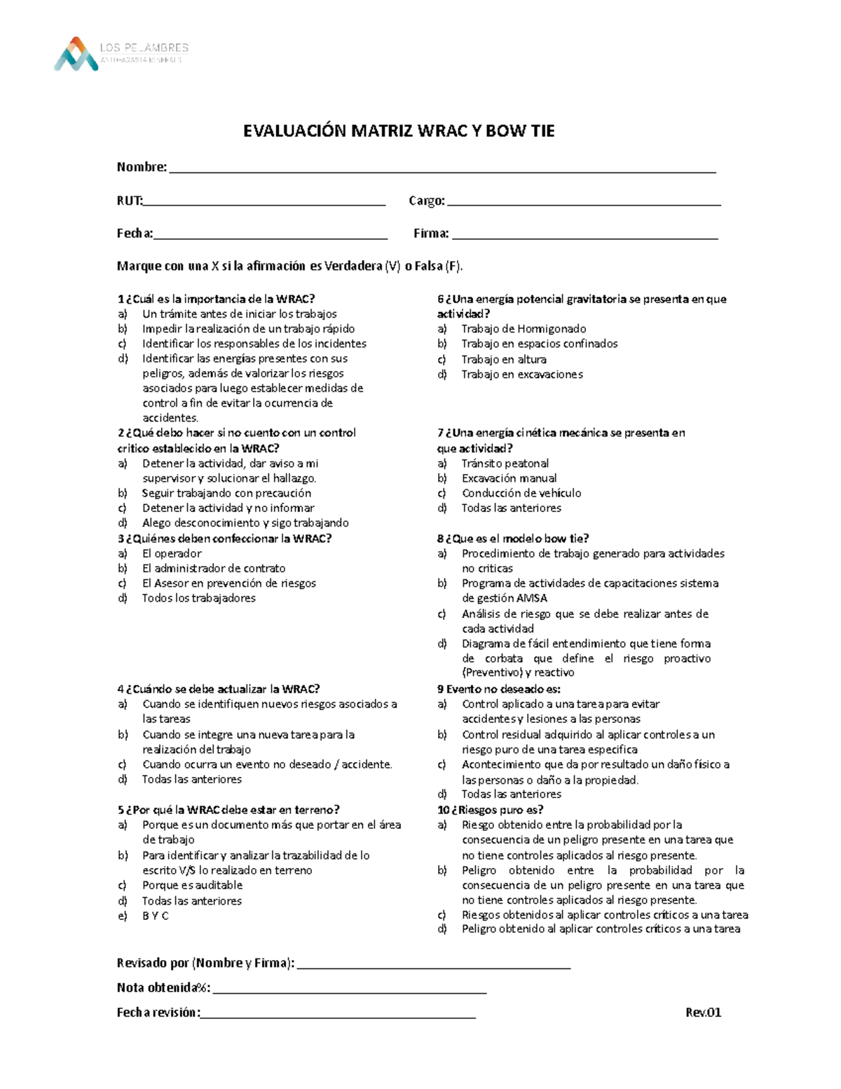 Evaluación Wrac - Saludos - EVALUACIÓN MATRIZ WRAC Y BOW TIE Nombre ...