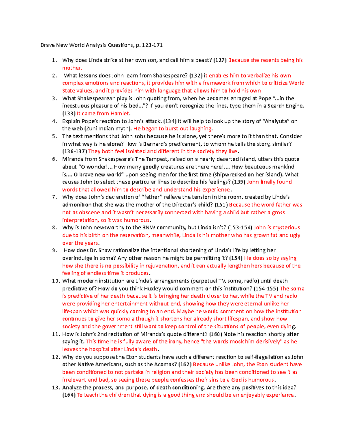 Brave New World p. 123171 Questions Brave New World Analysis