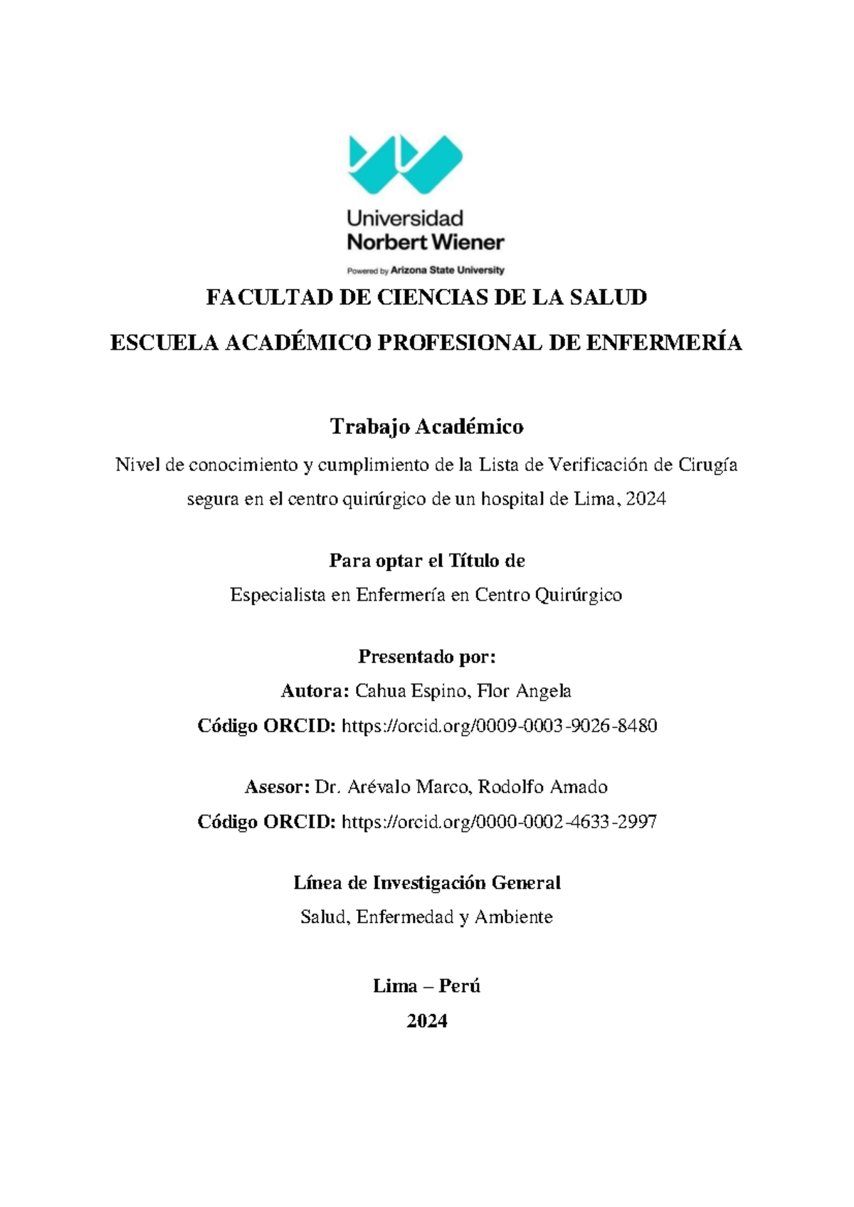 Cahua espino 2024 - bnnm m - FACULTAD DE CIENCIAS DE LA SALUD ESCUELA ...