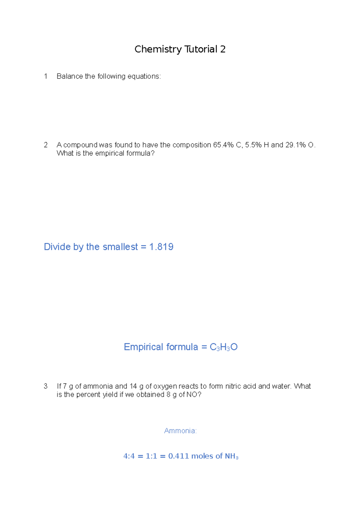 Chemistry 22 23 Tri A Tutorial 2 - Answers - Chemistry Tutorial 2 1 ...