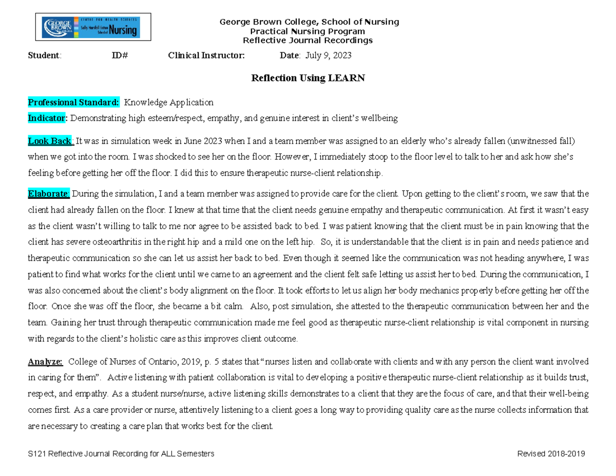 Reflection - Knowledge Application - George Brown College, School of ...