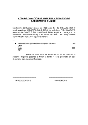 ACTA DE Donacion - ACTA DE DONACION DE MATERIAL Y REACTIVO DE LABORATORIO  CLINICO En el distrito de - Studocu