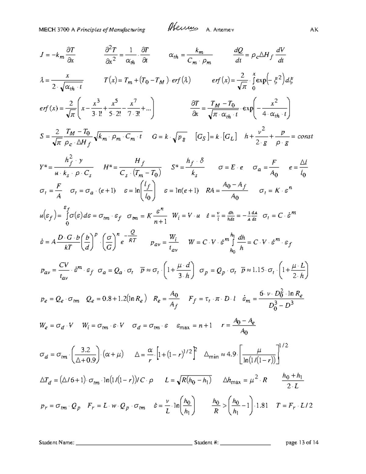 Final Exam MECH 3700 A Equation Sheets - MECH 3700 A Principles of ...