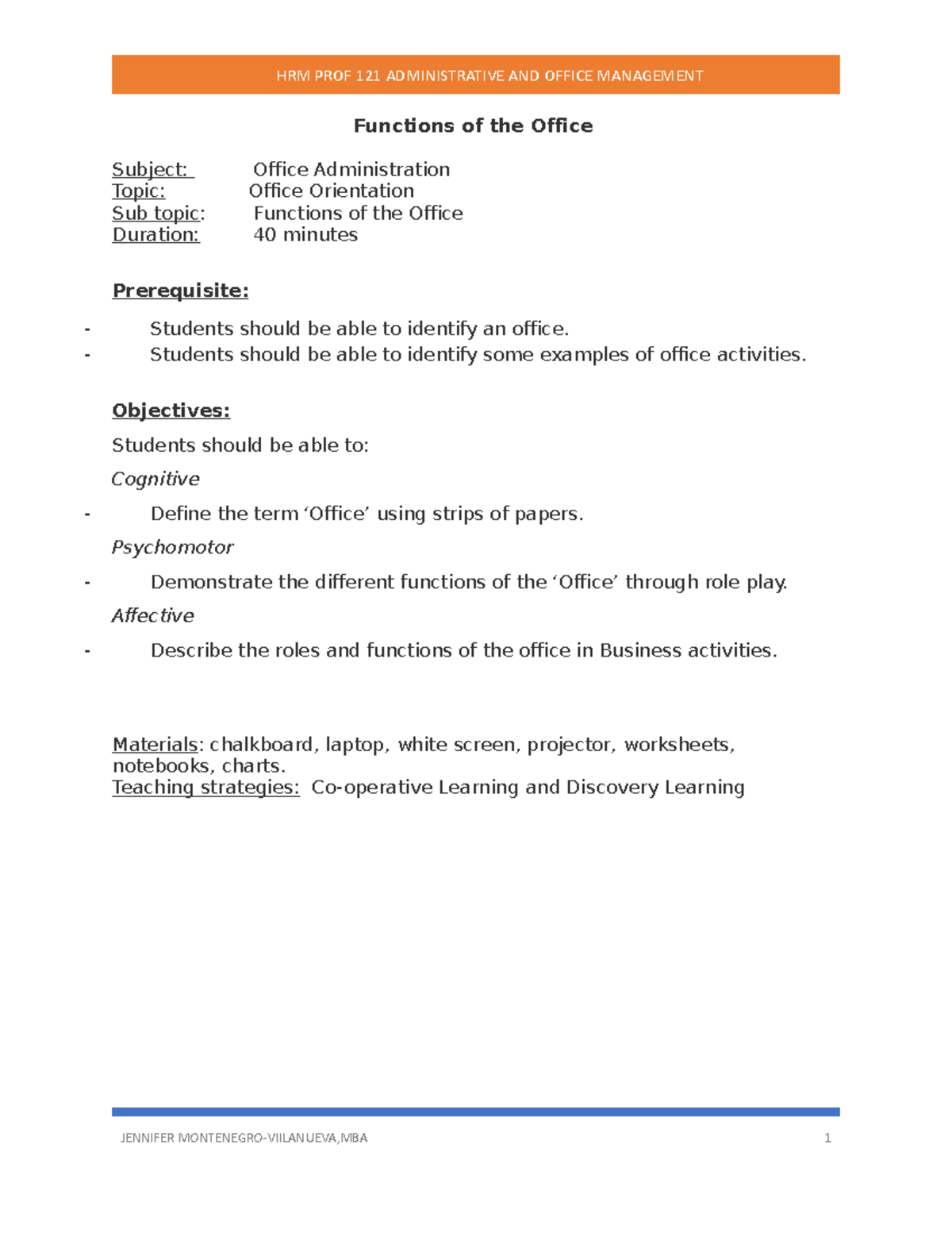 Functions IN THE Office Functions of the Office Subject Office