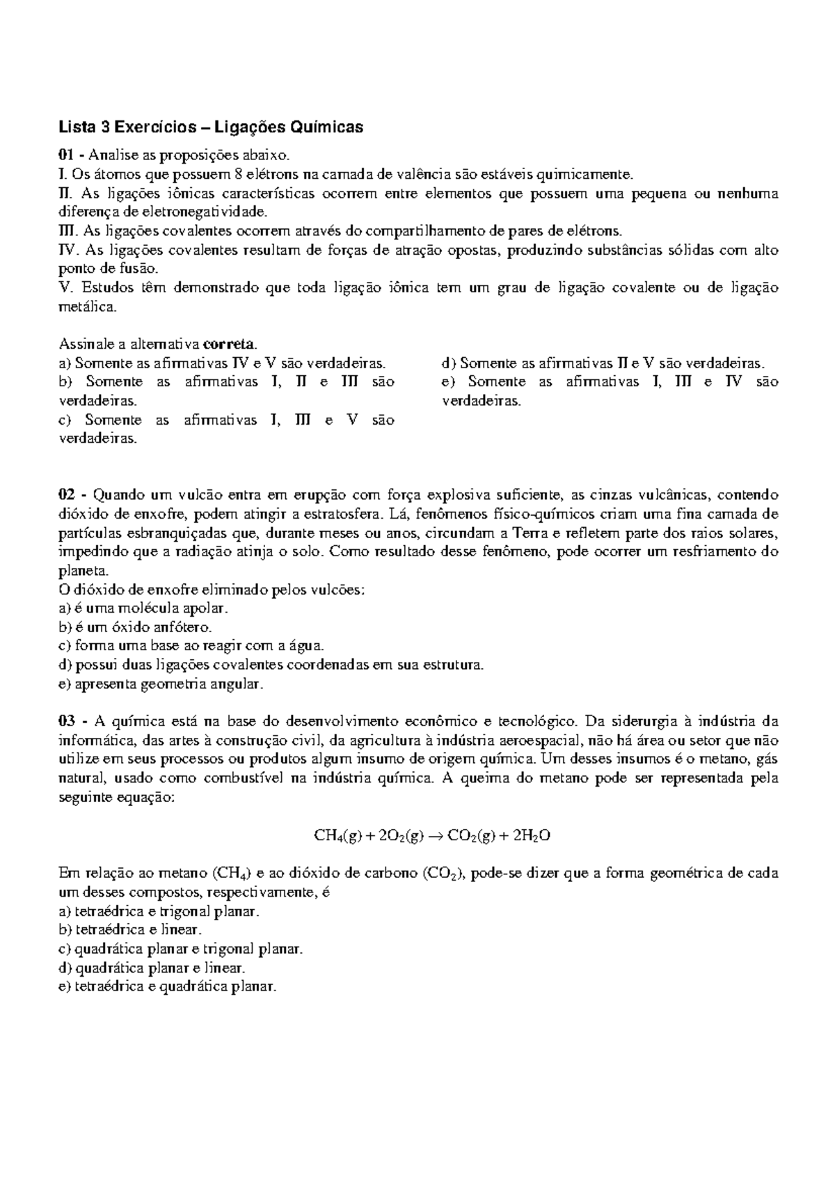exercícios química geral - ligações quimicas - Lista 3 Exercícios ...