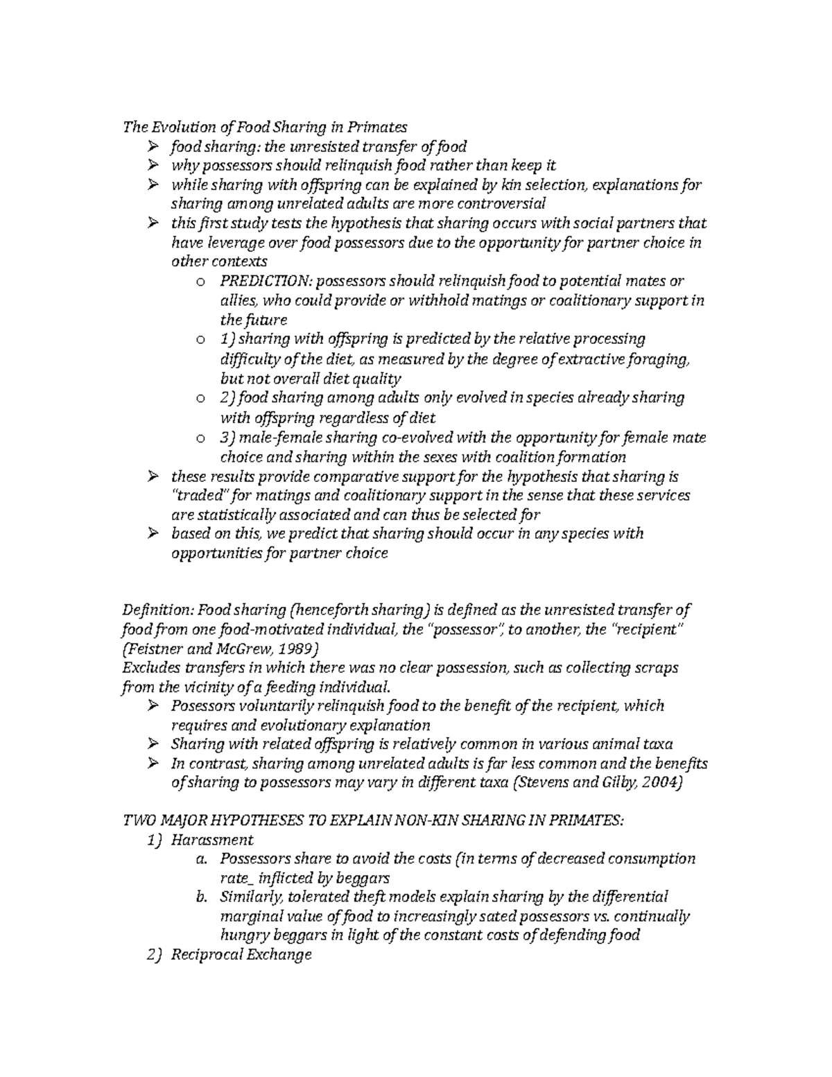 Evol classnotes 3 - Lecture notes 3 - The Evolution of Food Sharing in ...
