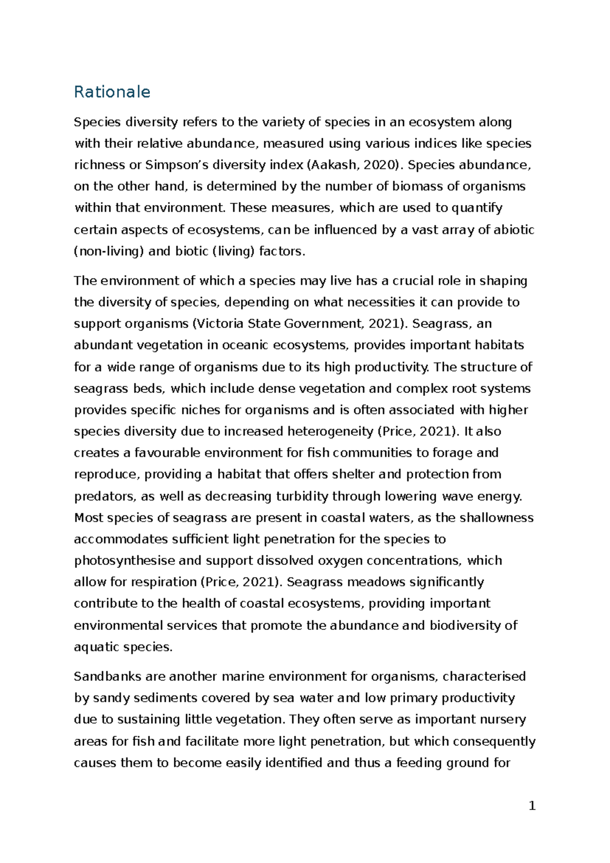 Biology IA2 - 20/20 student experiment - Rationale Species diversity ...