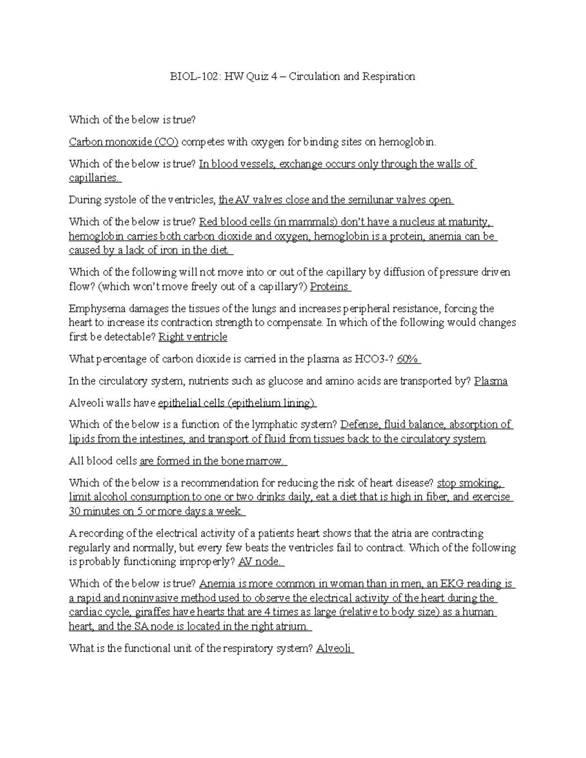 HW Quiz 4 Circulation and Respiration BIOL102 HW Quiz 4