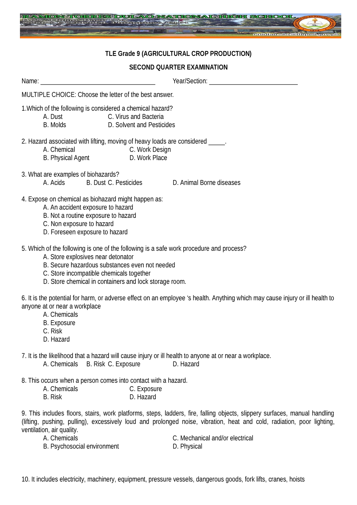 Tle Grade 9 2nd Quarter Exam Tle Grade 9 Agricultural Crop Production Second Quarter 5468