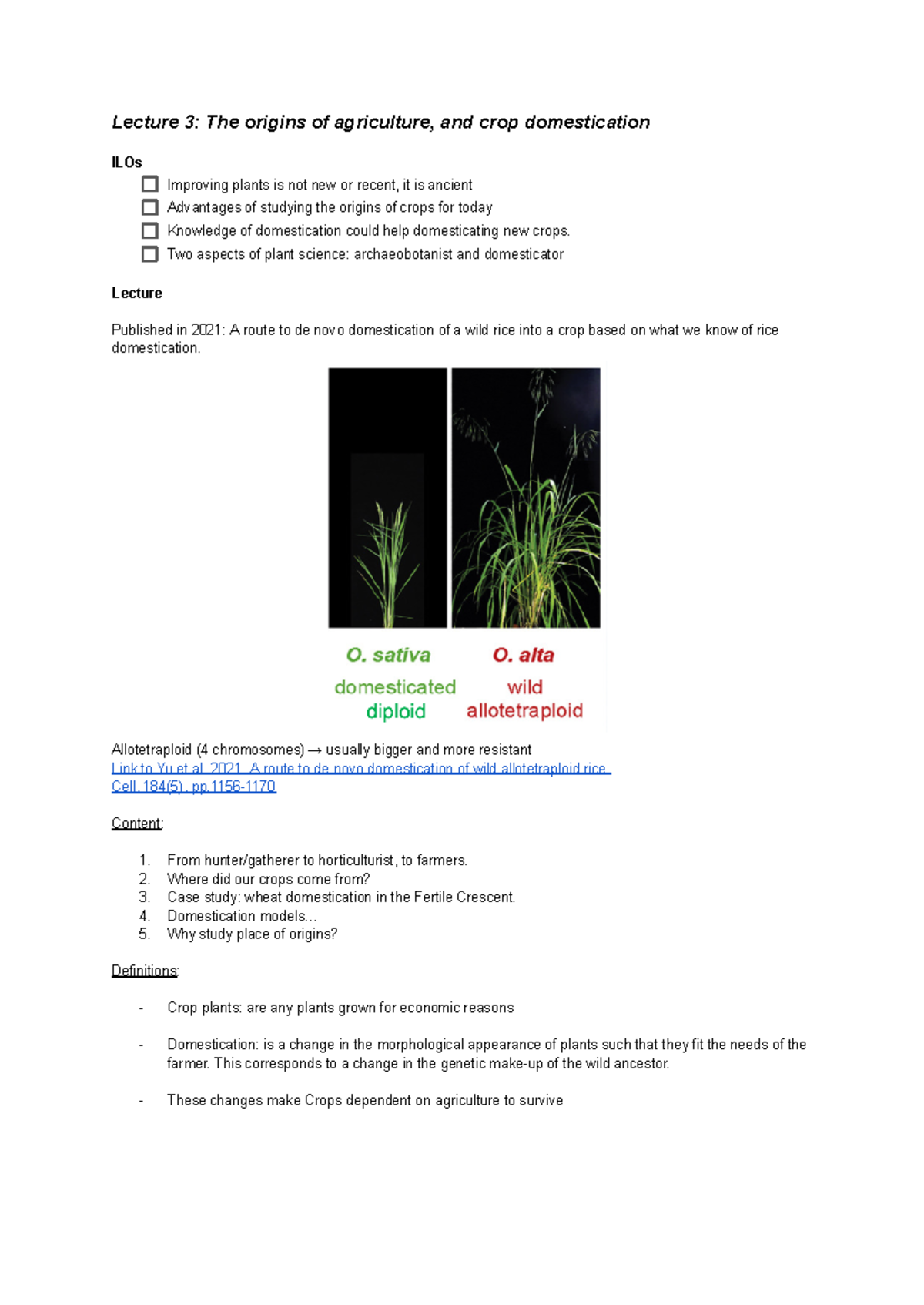 Lecture 3.The origins of agriculture, and crop domestication Lecture