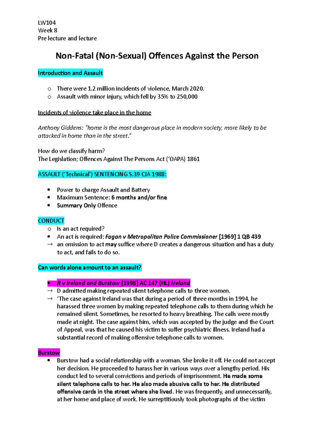 Non Fatal Offences - Lecture Notes 2-3 - Week 8 Pre Lecture And Lecture ...